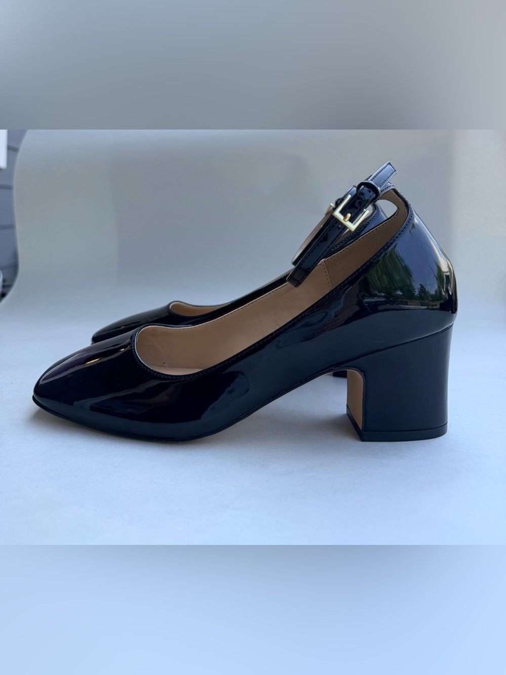 Ann Taylor Black Patent Ankle Strap Pumps Block Heel Women’s 6 Party Dressy Shoe